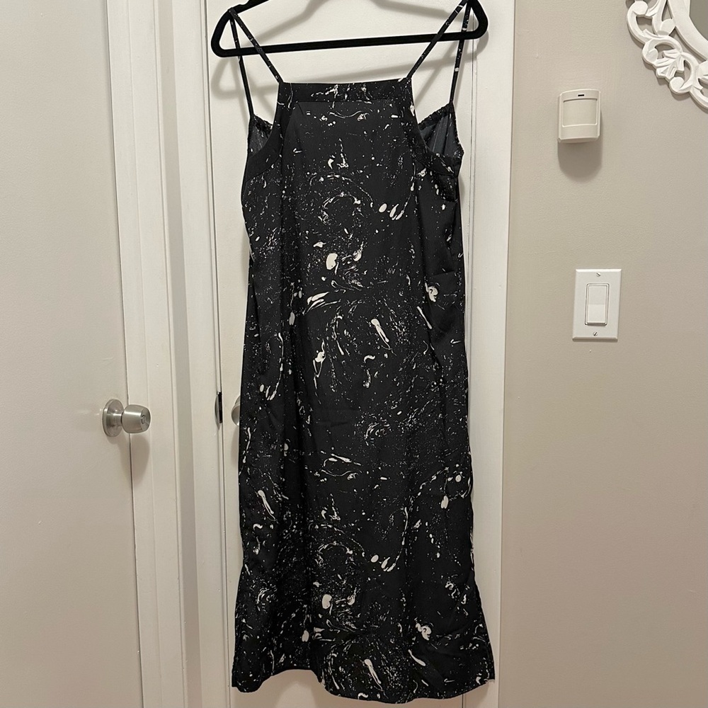 ALIKE Black & Cream Splatter Paint Print Abstract Sleeveless Midi Slip Dress L - Picture 2 of 7